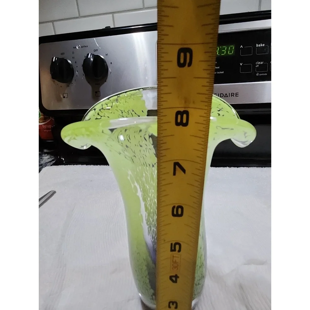 VTG~Murrhina Spatter~Lime Green/Purple~Art Glass Vase~Flared Lip~Hand Blown~8